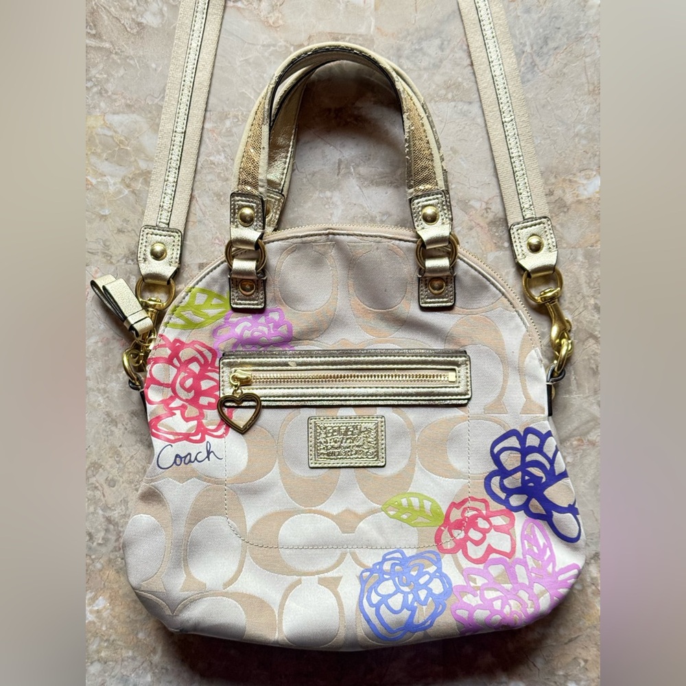 Coach Poppy Signsture C Multicolor Floral Zipper Pocket Crossbody Shoulder Bag - Picture 2 of 10
